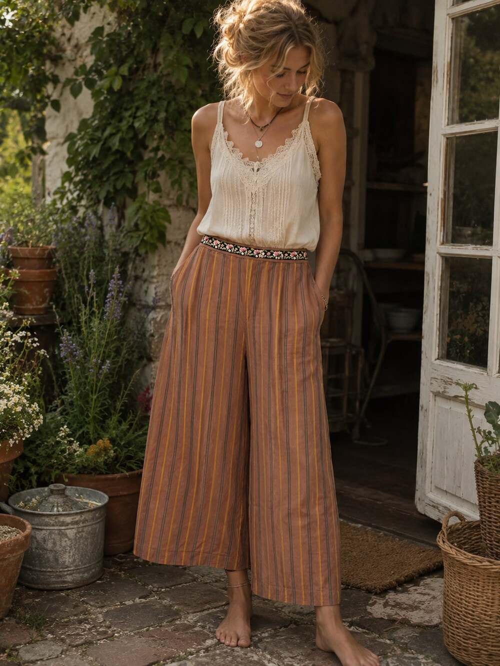Aratta Wide Leg Culotte Pants Embroidered Waist Boho Cottagecore L